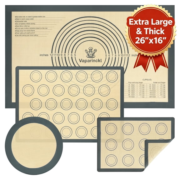 Vaparinckl Silicone Baking Mat Set of 4, Extra Large 26"x16" Pastry Mat, for Half & Quarter Sheet and 9" Pizza Pan, Non-Stick Reusable Liner for Dough Rolling, Macaron, Cookie, Fondant, Dark Gray