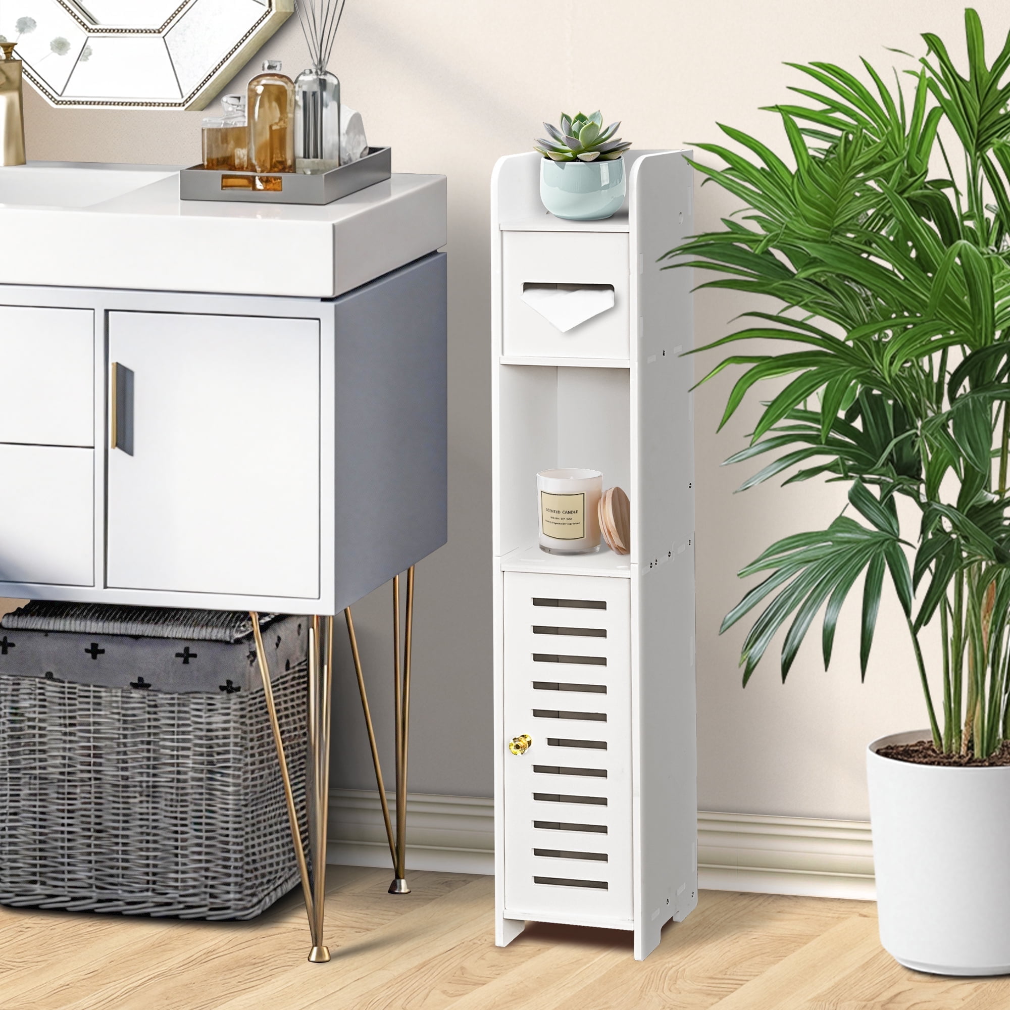 Vaparinckl Toilet Paper Holder Stand, Small Bathroom Storage Cabinet with Door & Shelves for Regular Rolls, Corner Space-Saving Organizer, White