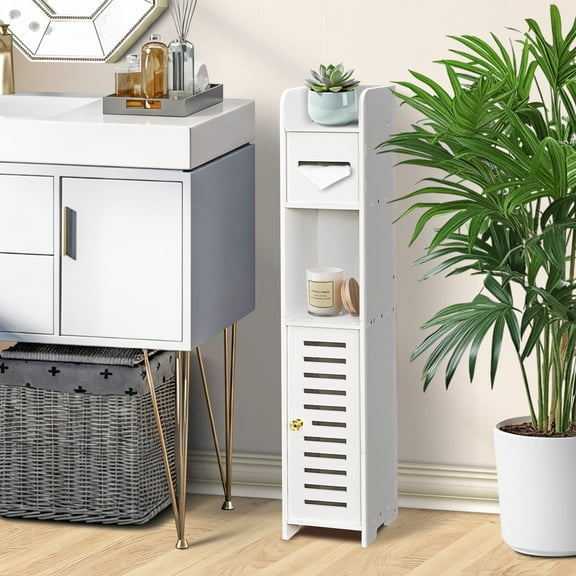 Vaparinckl Toilet Paper Holder Stand, Small Bathroom Storage Cabinet with Door & Shelves for Regular Rolls, Corner Space-Saving Organizer, White