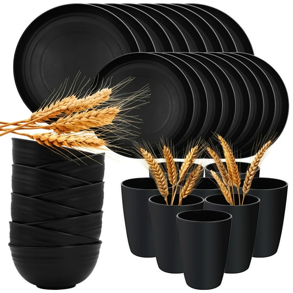 Vaparinckl Wheat Straw Dinnerware Sets 32 Pcs, Plates & Bowls Set For 8, Unbreakable, Eco-Friendly, Microwave & Dishwasher Safe, Black