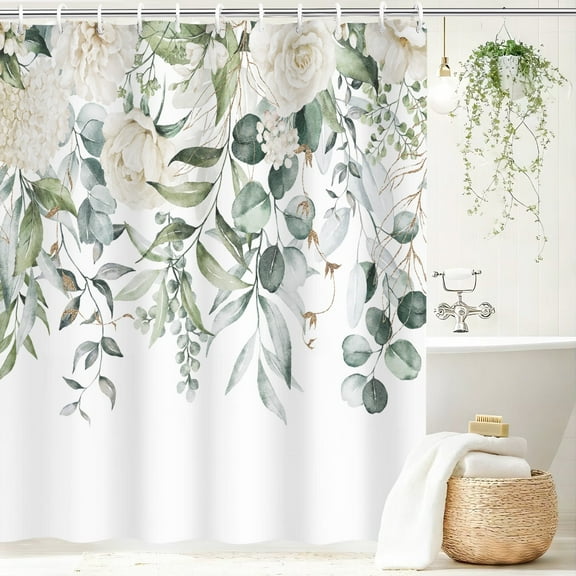 Vaparinckl Fabric Shower Curtain, Green Floral Watercolor Water-Repellent Curtain Set with Hooks for Bathroom, 72"x72"