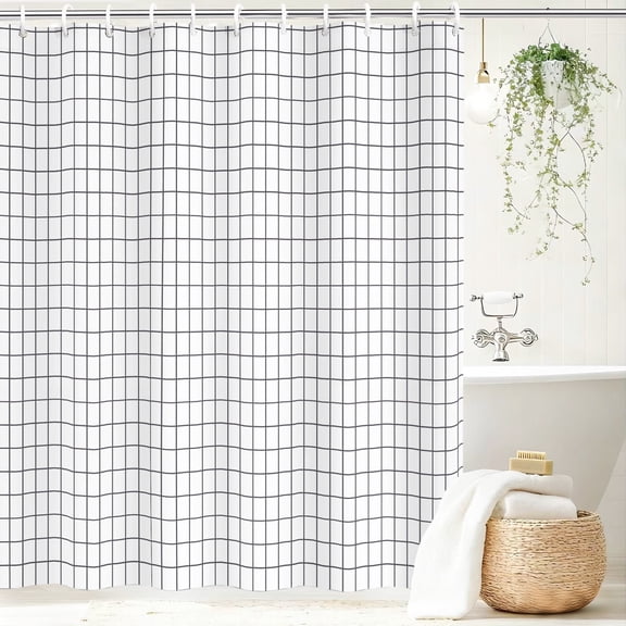 Vaparinckl Fabric Shower Curtain, Black and White Grid Modern Geometric Water-Repellent Curtain Set with Hooks for Bathroom, 72"x72"