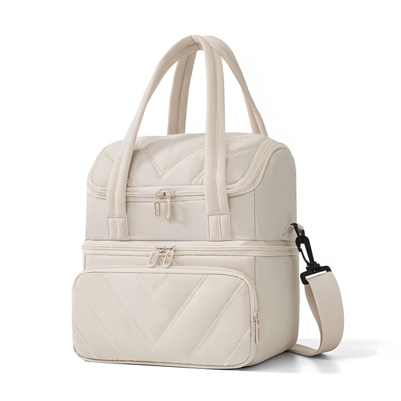 Vaparinckl Lunch Bag for Women, Double Deck Stylish Insulated Reusable Lunch Tote, Quilted Leakproof Lunch Box for Work, Picnic, Travel, Meal Prep, Beige