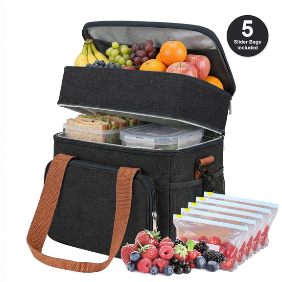 Vaparinckl Insulated Lunch Bag, Double Deck Leakproof 14L Lunch Box for Women/Men with Adjustable Shoulder Strap and Side Pocket for Work, Camping, Picnic, Black