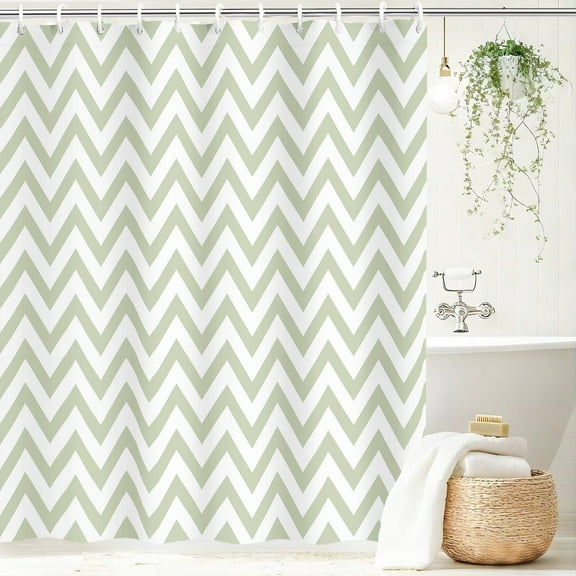 Vaparinckl Fabric Shower Curtain, Sage Green Zigzag Wavy Modern Geometric Water-Repellent Curtain Set with Hooks for Bathroom, 72"x72"