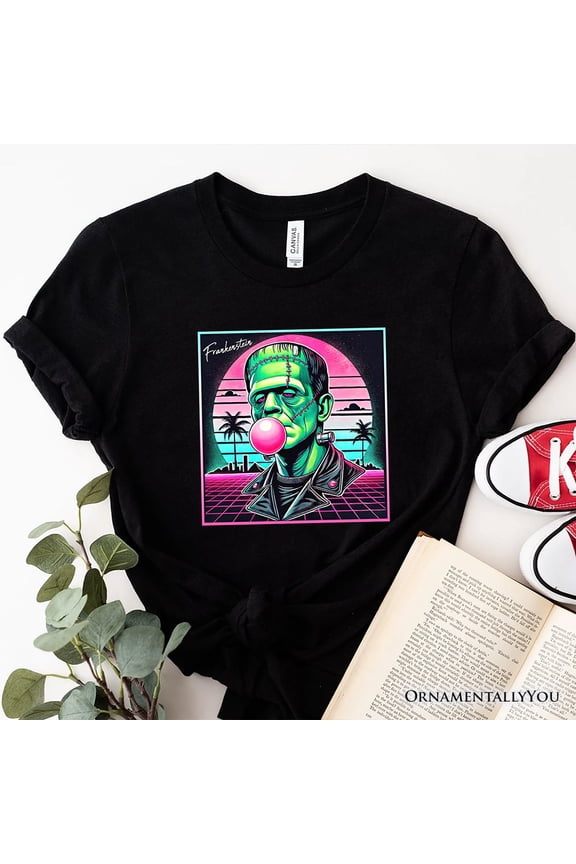 Vaperwave Frankenstein Retro Neon Horror T-Shirt, Synthwave 80's Styled Classic Halloween Tee