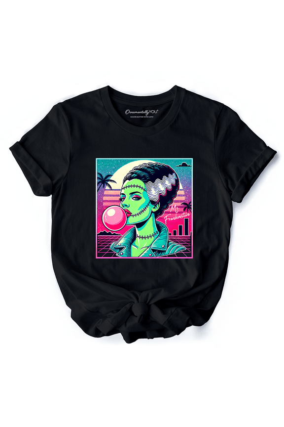 Vaperwave Mrs Frankenstein Retro Neon Horror T-Shirt, Synthwave 80's Styled Classic Halloween Tee