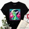 thumbnail image 1 of Vaperwave Mrs Frankenstein Retro Neon Horror T-Shirt, Synthwave 80's Styled Classic Halloween Tee, 1 of 5