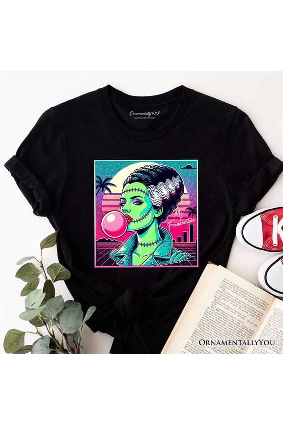 Vaperwave Mrs Frankenstein Retro Neon Horror T-Shirt, Synthwave 80's Styled Classic Halloween Tee