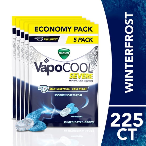 Vicks VapoCOOL SEVERE Max Strength* Menthol Cough Drop Alternative/Sore Throat Lozenge for Sore Throat Relief, Winterfrost, 5x45ct (225 total)