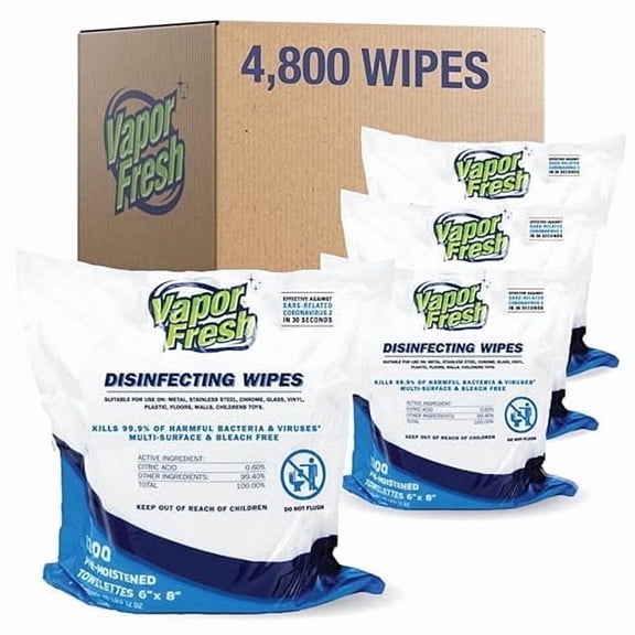 Vapor Fresh Disinfecting Wipes - 1200 Count x 4 Rolls (4,800 Total Wipes) Plant Powered Commercial Grade Disinfectant For Gym Equipment, Fitness Studios, Spas - Bulk Refill Rolls