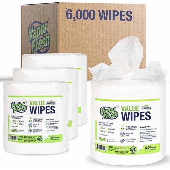 Vapor Fresh Value Wipes - 1,500 Count x 4 Rolls (6,000 Total Wipes) Plant Powered Commercial Grade Cleaner for Gym Equipment, Fitness Studios, Spas, Schools - Bulk Refill Rolls - Unscented