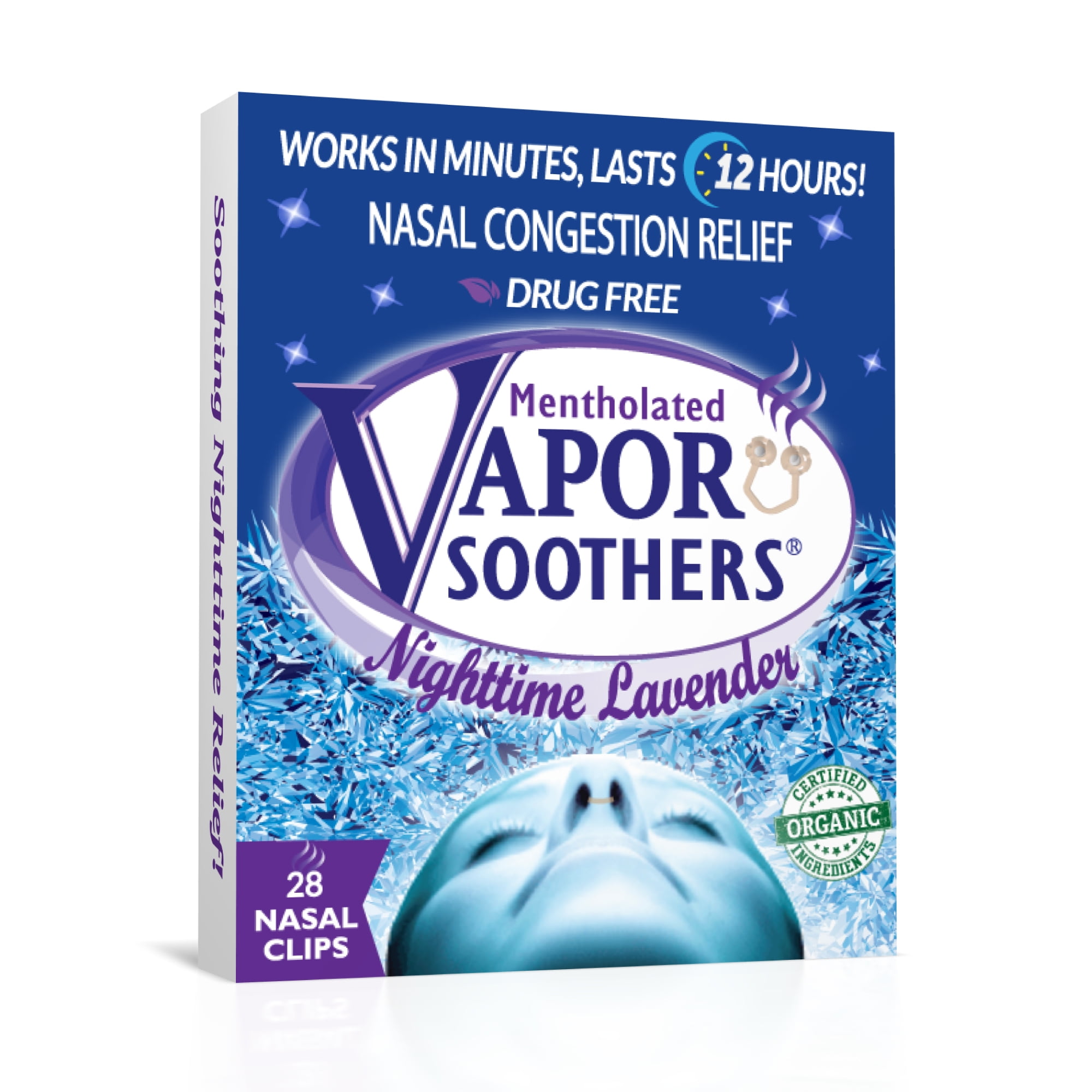 Vapor Soothers Mentholated Nasal Dilator Clips, Instant Nighttime Nasal Congestion-Sleep Aid, Drug-Free, Nighttime Lavender Scent -28ct.
