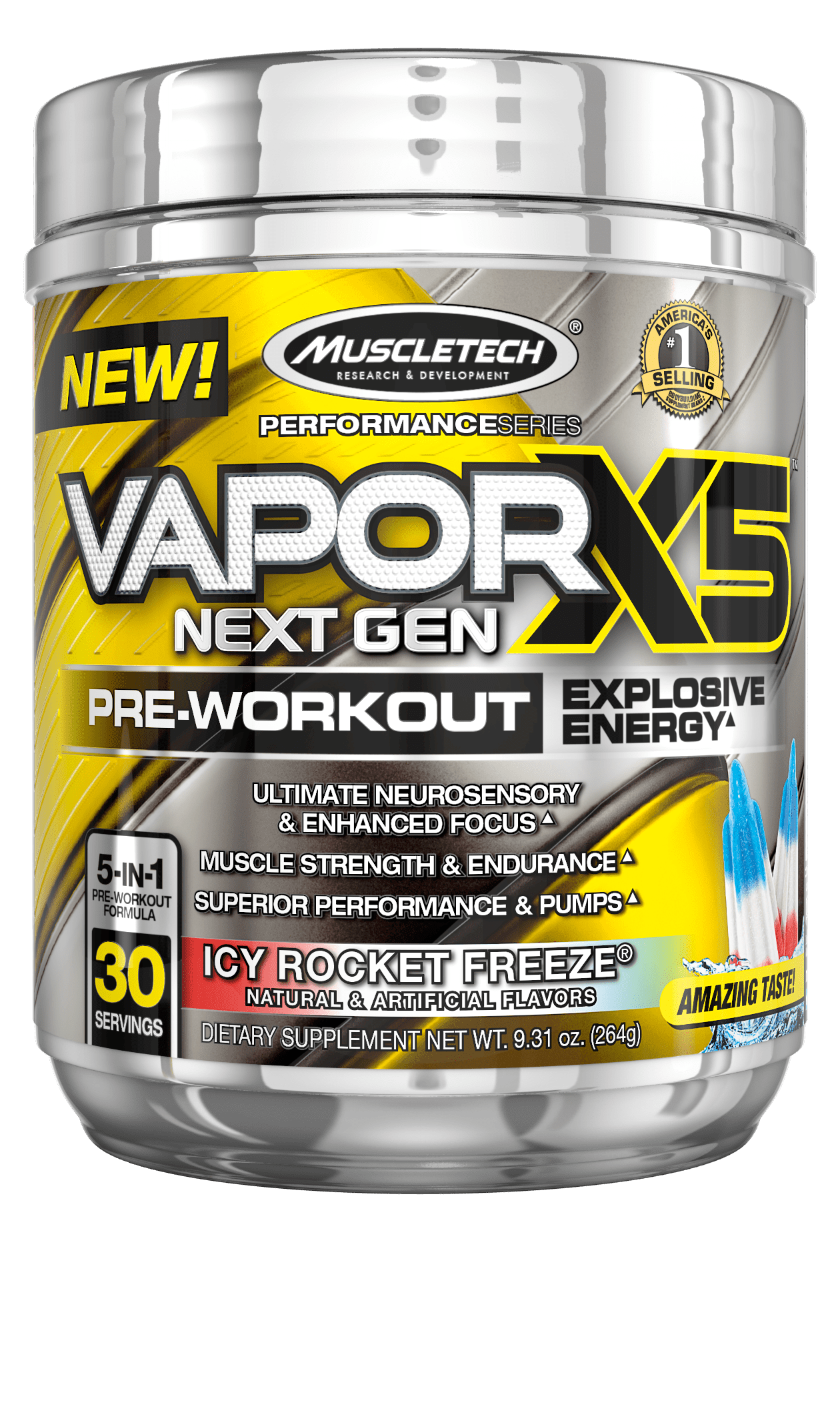 Vapor X5 Next Gen Pre Workout Powder, Explosive Energy Supplement, Icy Rocket Freeze, 30 Servings (9.6oz)