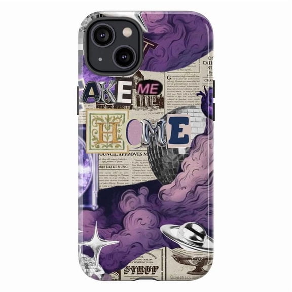 Vaporwave Alien Phone Case Take Me Home UFO & Purple Cloud Collage Cover for iPhone 17 16 15 14 13 12 11 Pro Plus Mini