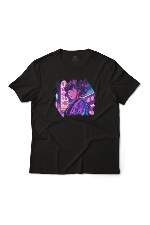 Vaporwave Anime Night Market Girl Graphic Lightweight Cotton Unisex T-Shirt, up to Size 5XL