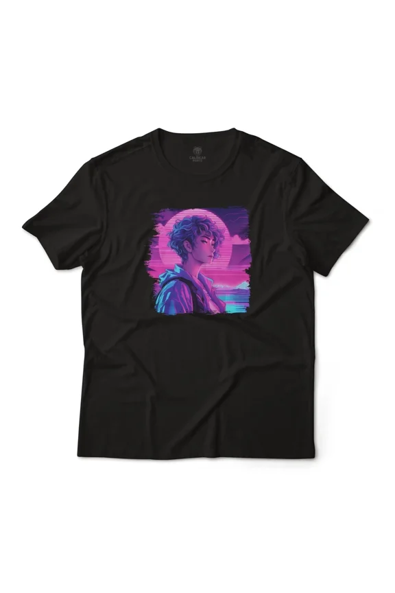 Vaporwave Anime Retro Sunset Girl Aesthetic Graphic Lightweight Cotton Unisex T-Shirt, up to Size 5XL