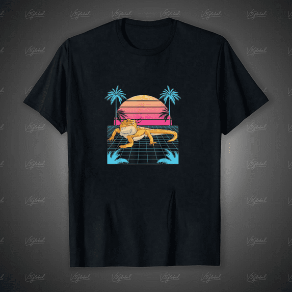 Vaporwave Bearded Dragon Retro Lizard Graphic Unisex T-Shirt, for men & women, up to size 5XL