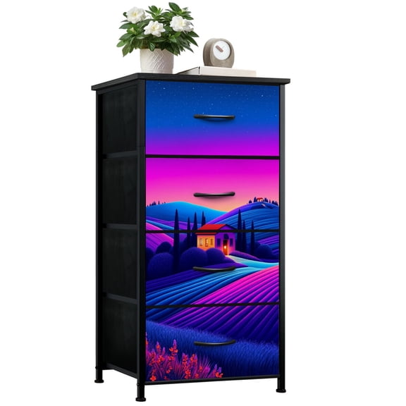 Vaporwave Dresser for Bedroom with 4 Storage Drawers Colorful Rolling Hills Landscape Cozy House Twilight Neon Dressers Chest of Drawers Steel Framed Fabric Closet Organizers for Dorm Entryway