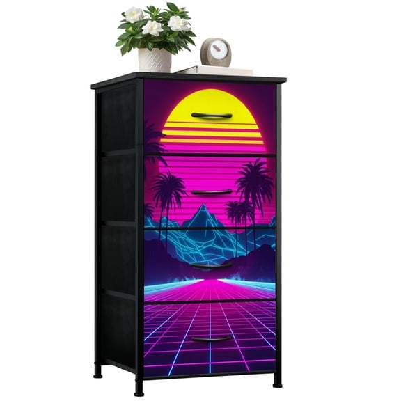 Vaporwave Dresser for Bedroom with 4 Storage Drawers Neon Retro Sunset Synthwave Mountains Palm Trees Landscape Dressers Chest of Drawers Steel Framed Fabric Closet Organizers for Dorm Entryway