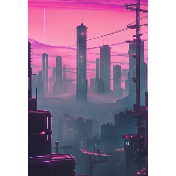 Vaporwave Future City Digital Illustration - 12" x 18" Art Print Wall Decor