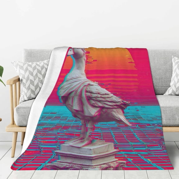 Vaporwave Glitch Duck Throw Blanket, Neon Aesthetic Surreal Digital Art, Soft Flannel Fleece, Trendy Dorm & Gaming Room Decor 50x40