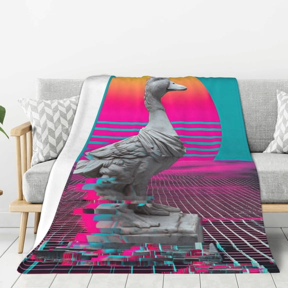 Vaporwave Glitch Duck Throw Blanket, Neon Aesthetic Surreal Digital Art, Soft Flannel Fleece, Trendy Dorm & Gaming Room Decor 50x40