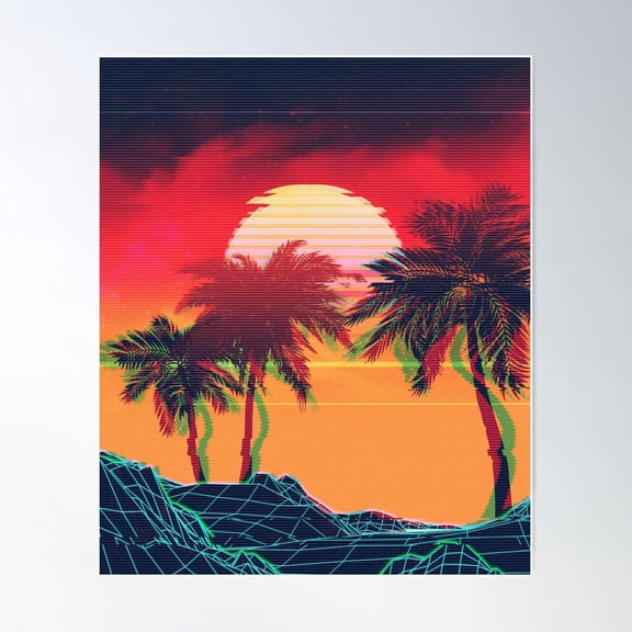 Vaporwave Landscape With Rocks And Palms Poster Wall Art, Modern Wall Decor For Living Room Bedroom, 24x36 UNFRAMED