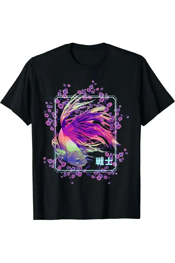 Vaporwave Neon Betta Fish Sakura Blossom Unisex Graphic Short Sleeve T-Shirt