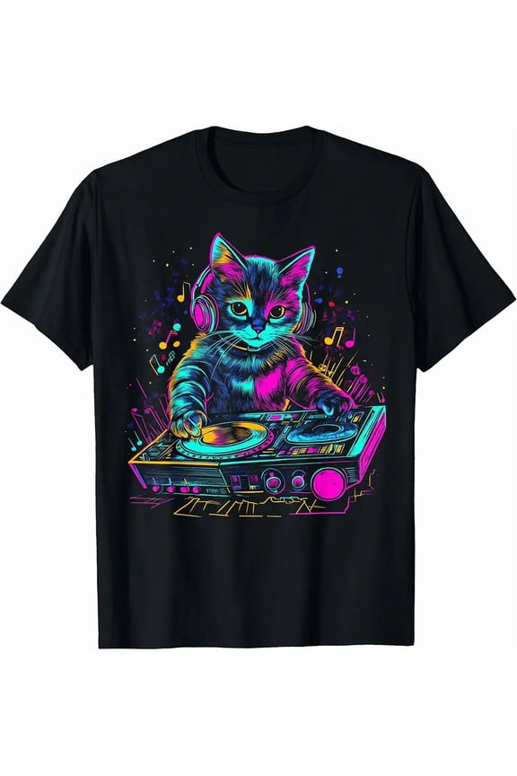 Vaporwave Neon Cat DJ Cat Lover Unisex Graphic Short Sleeve T-Shirt