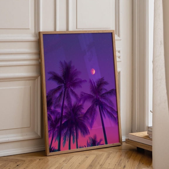 Vaporwave Palm Tree Neon Tropical Night Scene Retro 80s Purple Pink Synthwave Graphic Poster Unframed Paper Print