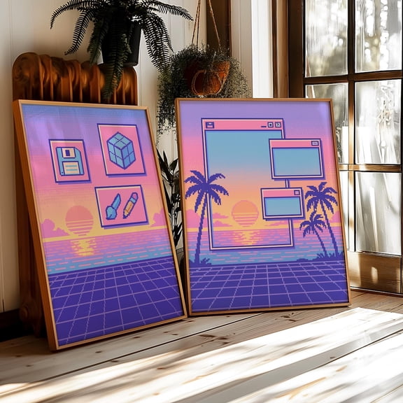 Vaporwave Pixel Art Poster 2 Set Retro 80S Tech Gaming Poster Home Decor Office Wall Art Set 2