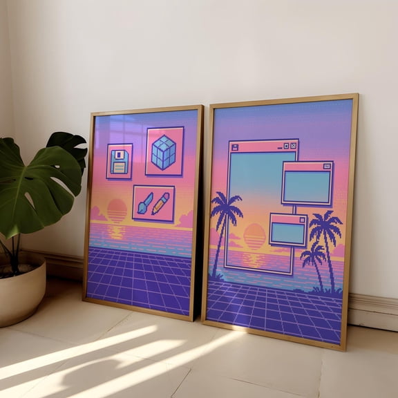Vaporwave Pixel Art Print Set Retro Sunset Poster 80s Aesthetic Gaming, Set 2, Poster Only