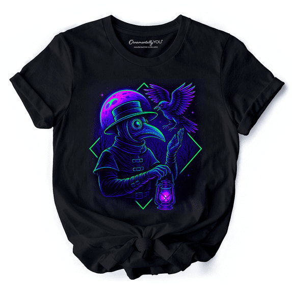Vaporwave Plague Doctor T-Shirt, Retro Neon Horror Vibes Halloween Tee