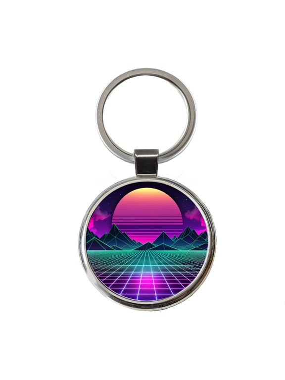 Vaporwave Retro Vector Vivid Landscape Metal Round Keychain