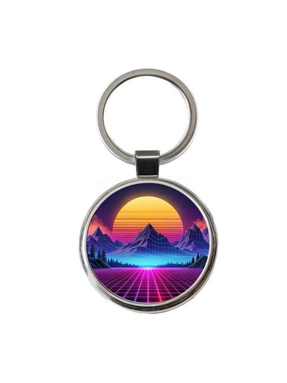 Vaporwave Retro Vector Vivid Mountain Landscape Metal Round Keychain