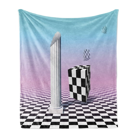Vaporwave Soft Flannel Fleece Throw Blanket, Themed Contemporary Surreal Art Illustration of a Greek Pillar and Cubes Print, Cozy Plush for Indoor and Outdoor Use, 50" x 60", Multicolor, by Ambesonne