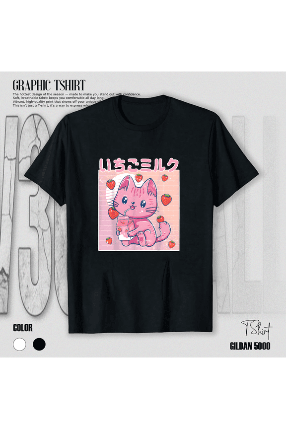 Vaporwave Strawberry Cat 90s Japanese Kawaii Milk Pink Aesthetic Unisex T-Shirt V70906, up to size 5XL