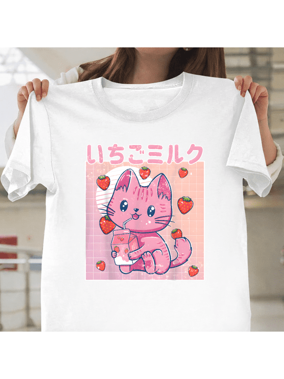 Vaporwave Strawberry Cat Kawaii Milk Aesthetic Unisex T-Shirt, up to size 3XL.