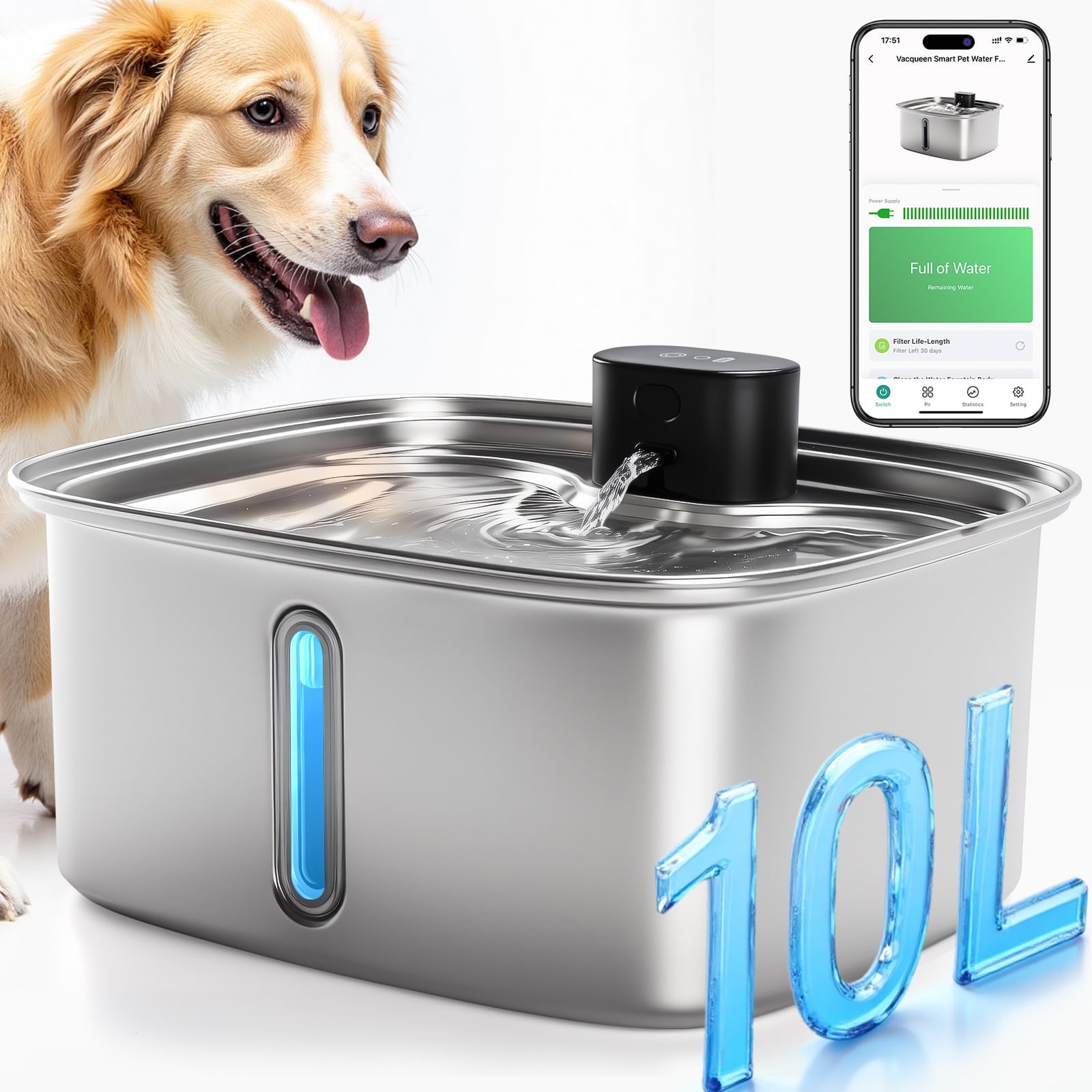 Vaqueen 10 L Stainless Steel Dog & Cat Water Fountain with Filtration System & Silent Pump