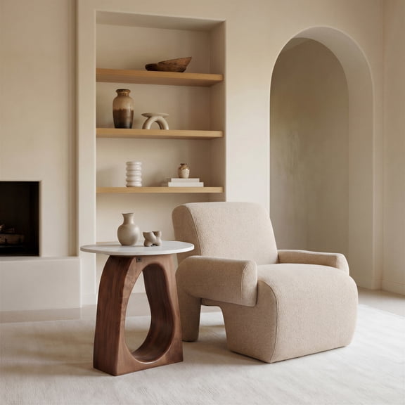 Vara Side Table White & Walnut End Table, Modern Style, Rubber feet help prevent floor scratches, MDF, Indoor Living