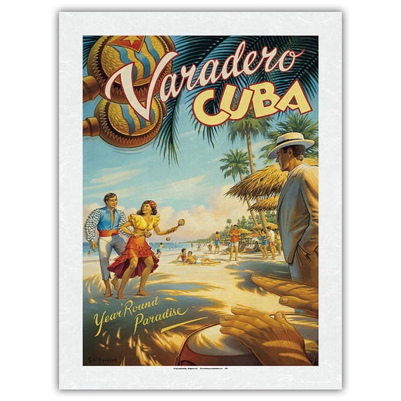 Varadero Cuba - Year Round Paradise - Native Cuban Dancers with Maracas - Vintage Travel Poster by Kerne Erickson - Japanese Unryu Rice Paper Art Print (Unframed) 18 x 24 in