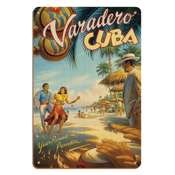 Varadero Cuba - Year Round Paradise - Native Cuban Dancers with Maracas - Vintage Travel Poster by Kerne Erickson - 8 x 12 inch Vintage Wood Art Sign