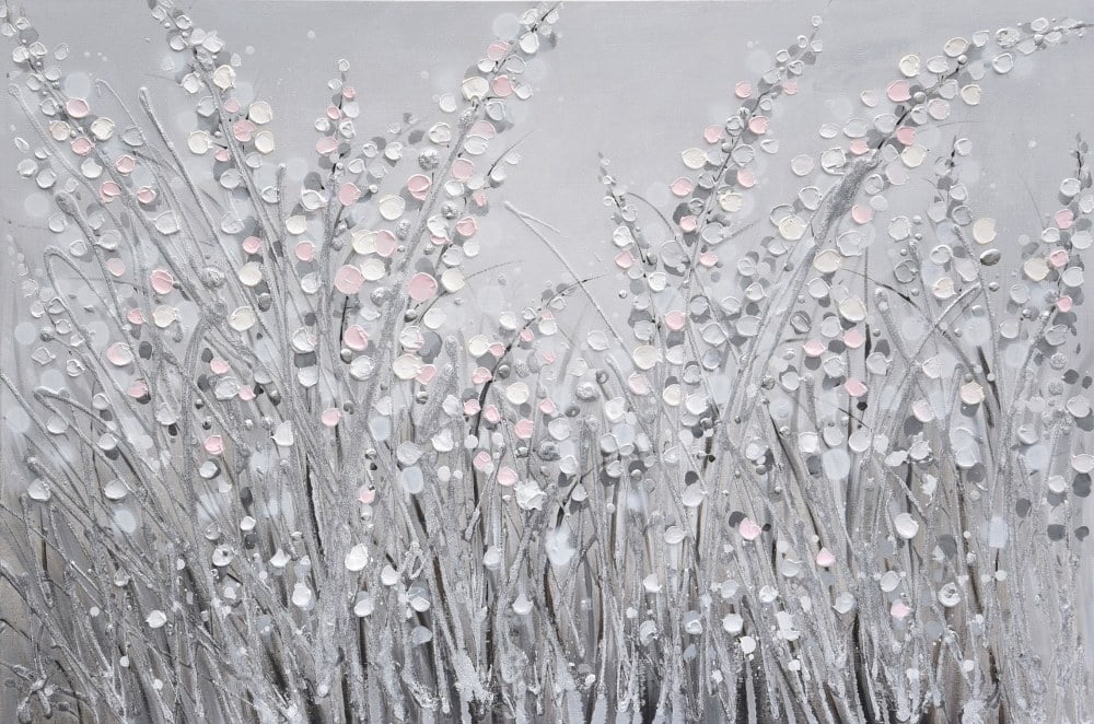 Large Pink, White, and Gray Abstract Floral Wall Art with Aluminum Accents