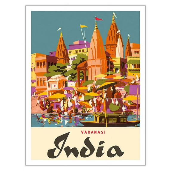 Varanasi India - Ganges River - (Banares Banaras Kashi) in Uttar Pradesh - Burning Ghat - Vintage Travel Poster by Charles Baskerville c.1959 - Fine Art Matte Paper Print (Unframed) 24x32in