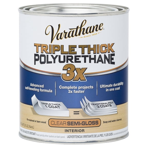 Varathane Triple Thick Polyurethane Clear Wood Finish Self-Leveling Formula Scratch And Stain Resistance Durability In One Coat Semi-Gloss Quart