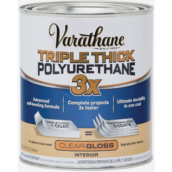 Varathane Triple Thick Polyurethane Clear Wood Finish Self-Leveling Formula Scratch And Stain Resistance Durability In One Coat Semi-Gloss Quart