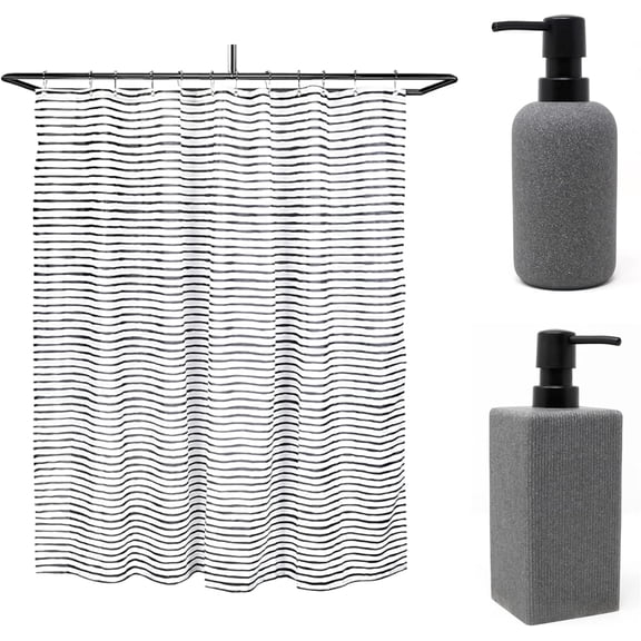 Varato Design Bathroom Accessories Set Grey Stone Round Soap Dispenser and Line Shower Curtain - 3 Pieces