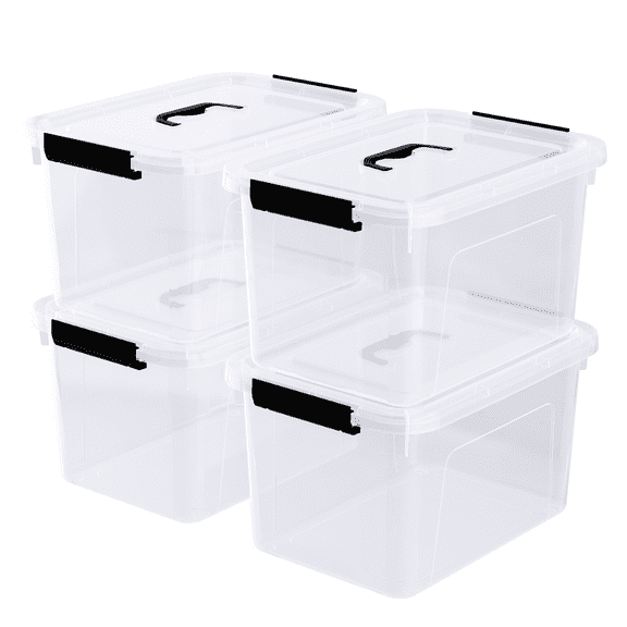 Vareone 10 L Plastic Storage Boxes, Clear Latch Bin with Handle and Lid, 4-Pack