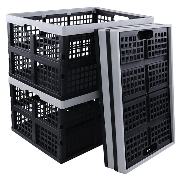 Vareone 4 Packs Plastic Collapsible Storage Crate, 40 L Folding Crates, Black